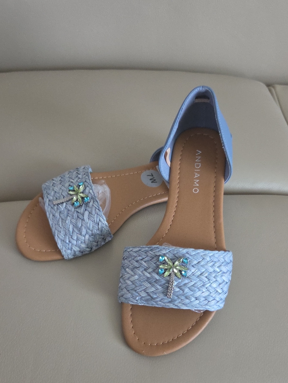 Light Blue Braided D'Orsay Sandals with Palm Crystal Accent Size 7W